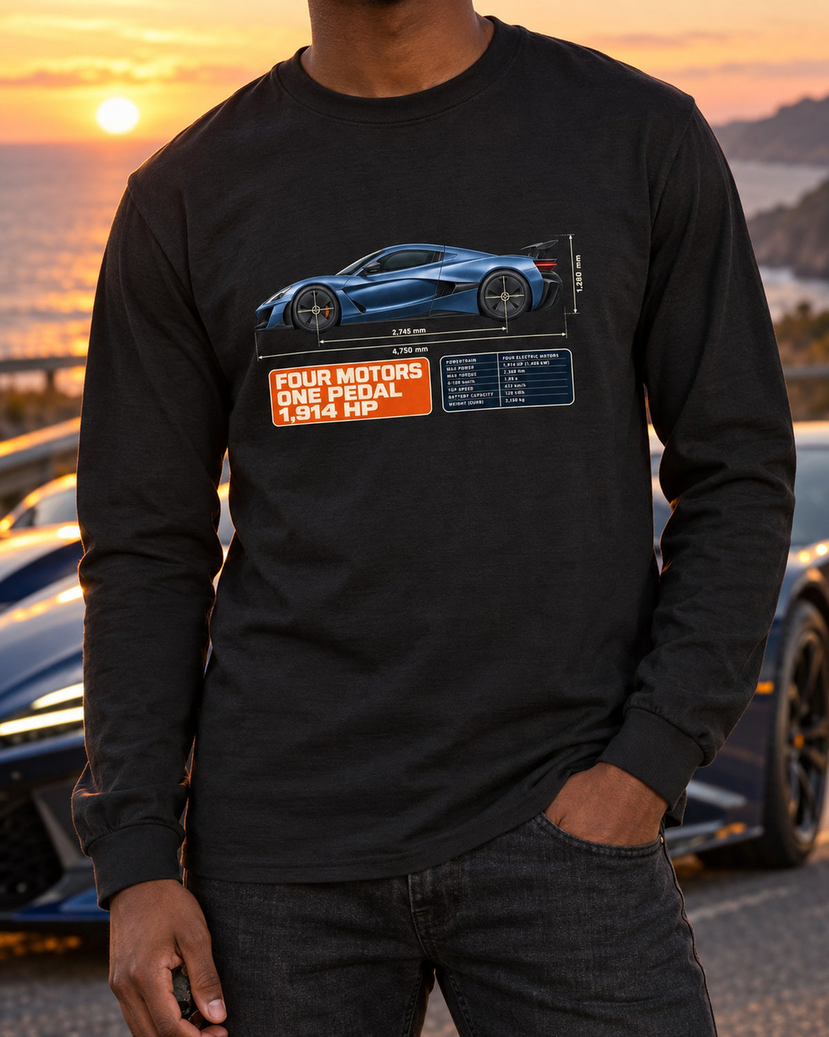 Rimac Nevera Dimension Blueprint Shirt, 1,914 HP Electric Hypercar Long Sleeve Black worn hero