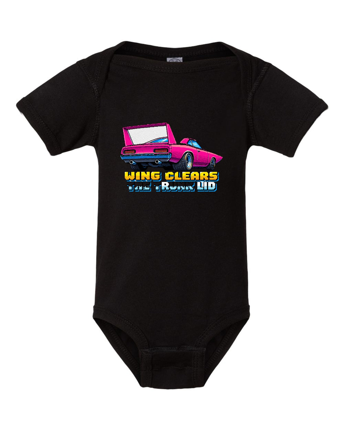 1970 Plymouth Superbird 16-bit pixel art print with Wing Clears The Trunk Lid text black baby onesie front view with the design