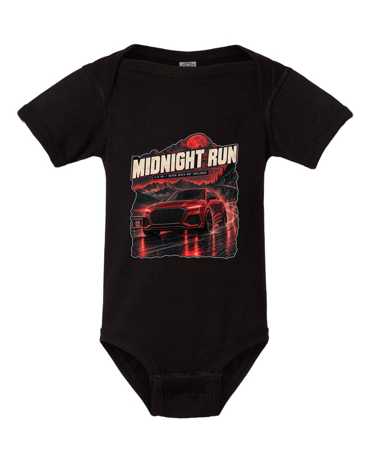 Audi RS Q8 night street scene print with midnight run text black baby onesie front view with the design