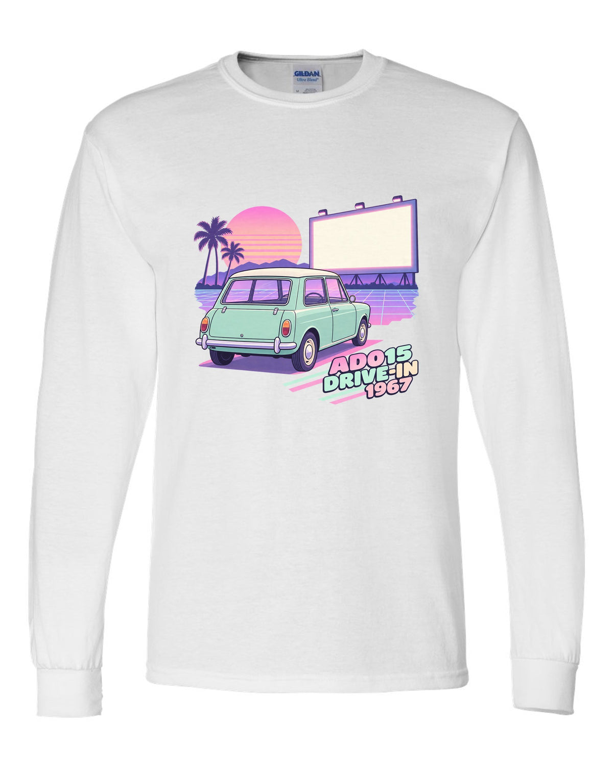 Pastel vaporwave drive-in scene with a 1967 classic Mini Cooper ADO15 white long sleeve front view with the design