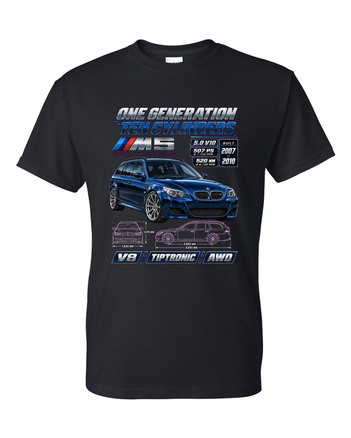 BMW M5 E60 V10 saloon spec poster print black t-shirt front view with the design