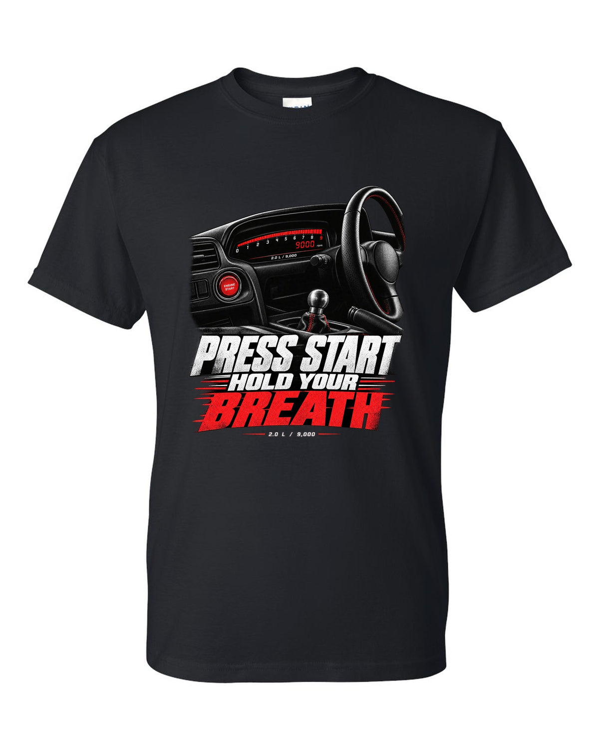 Honda S2000 AP1 roadster cockpit gauge design with press start text black t-shirt front view with the design