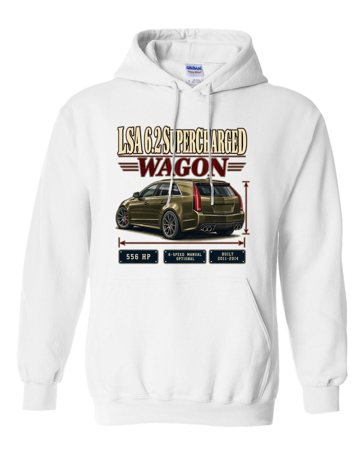Archive panel print of a 2011-14 Cadillac CTS-V Sport Wagon white pull over hoodie front view with the design