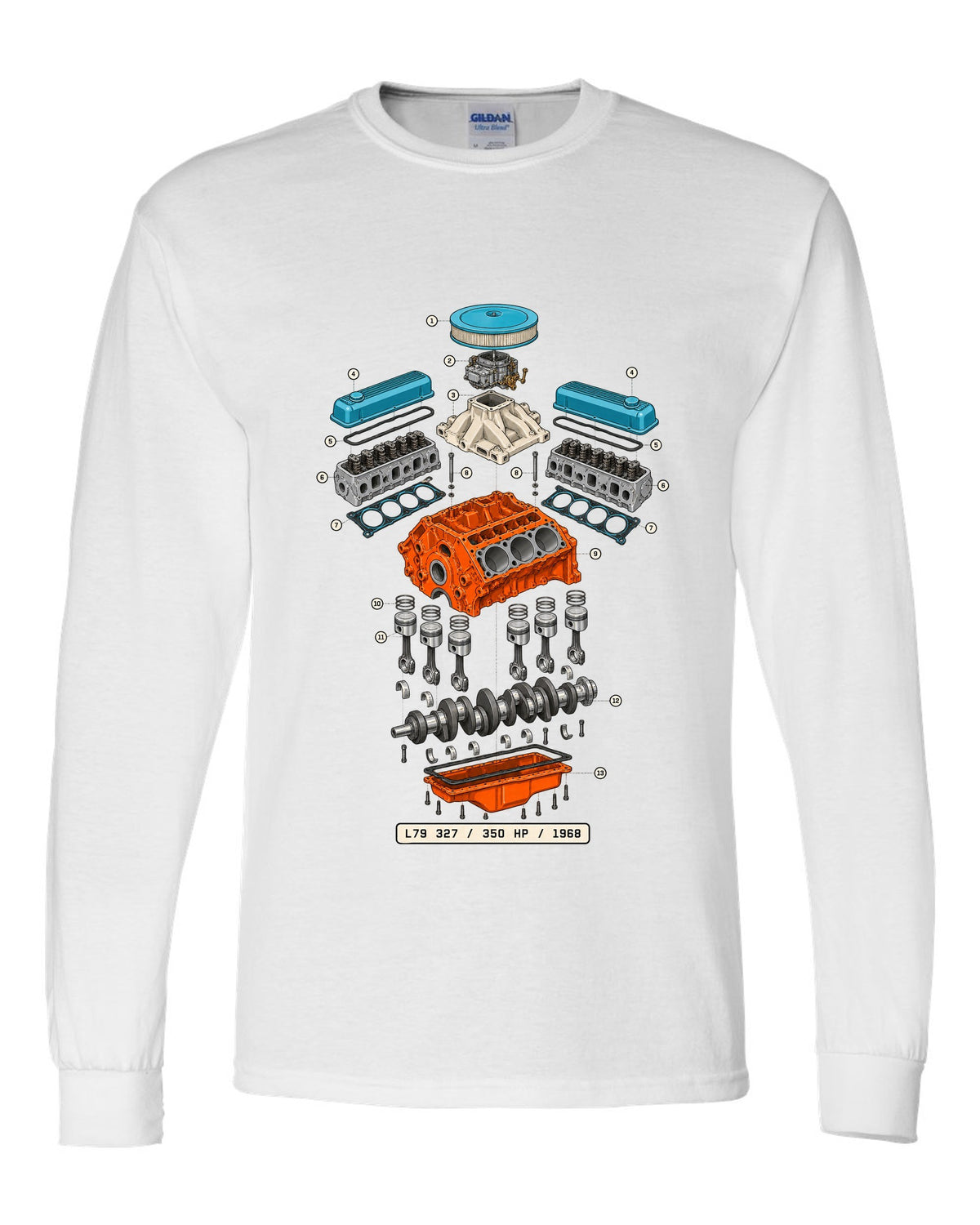 Exploded cutaway print of a 1968 Chevrolet Nova L79 327 engine with the text 350 HP, 1968 white long sleeve front view with the design