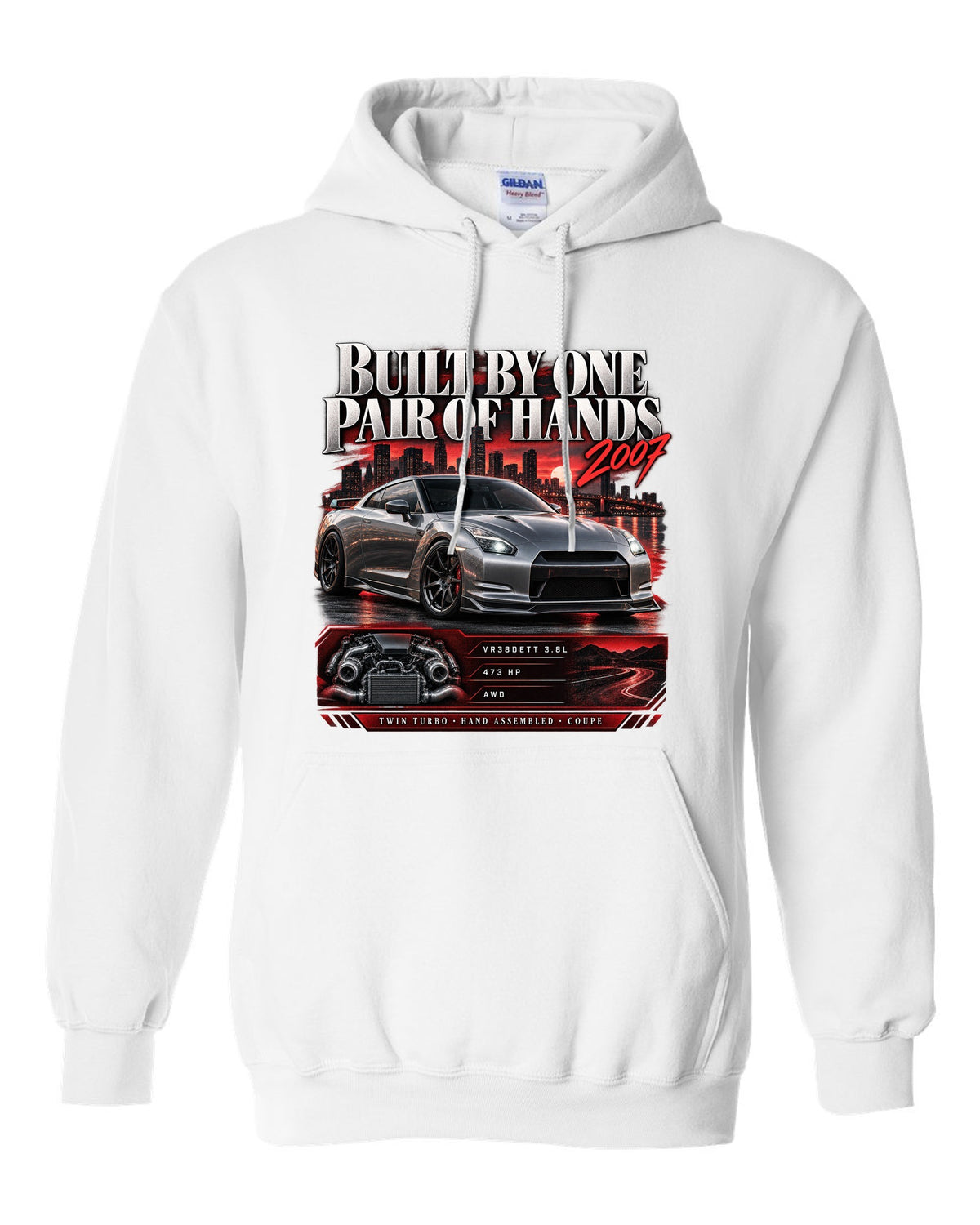 Archive panel of a Nissan GT-R R35 with VR38DETT 3.8L, 473 hp and hand assembled lettering white pull over hoodie front view with the design