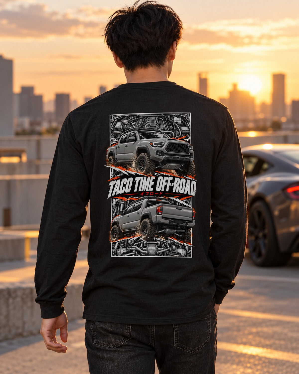 Toyota Tacoma TRD Torn Poster Full-Back Graphic Tee Long Sleeve Black worn hero