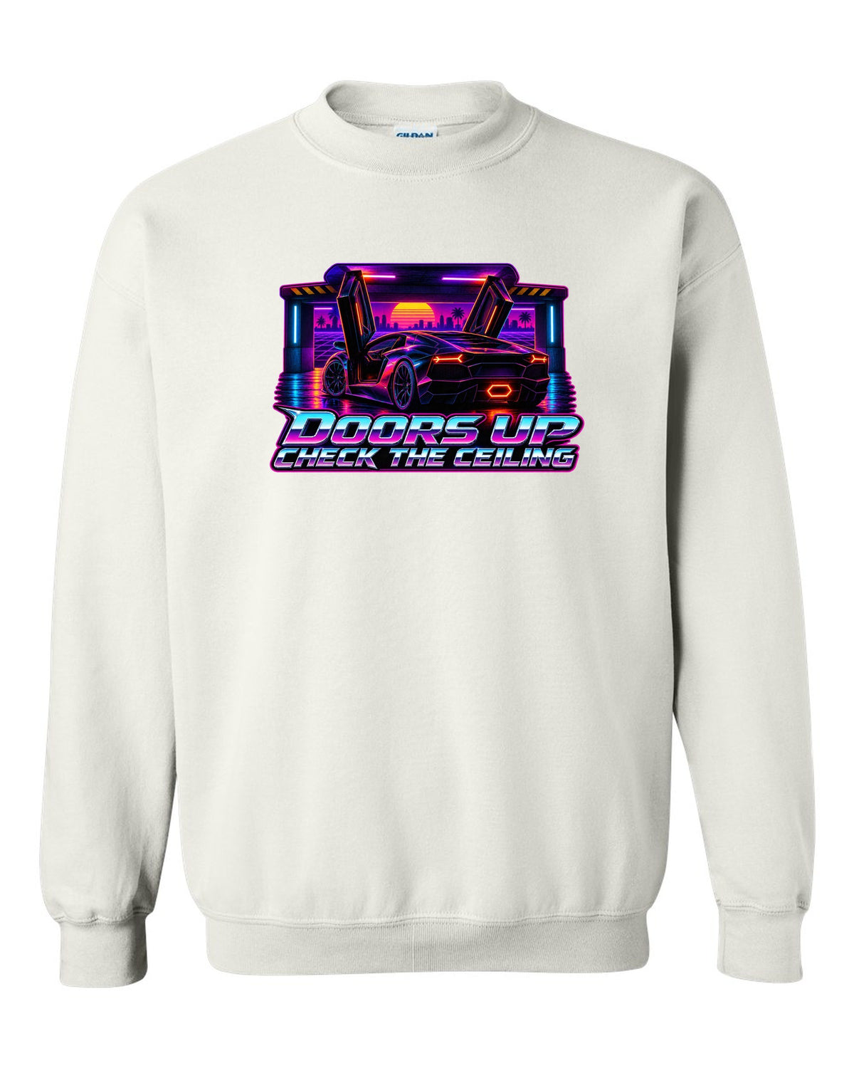 Synthwave outrun design of a Lamborghini Aventador LP700-4 with doors up and check the ceiling text white crewneck front view with the design