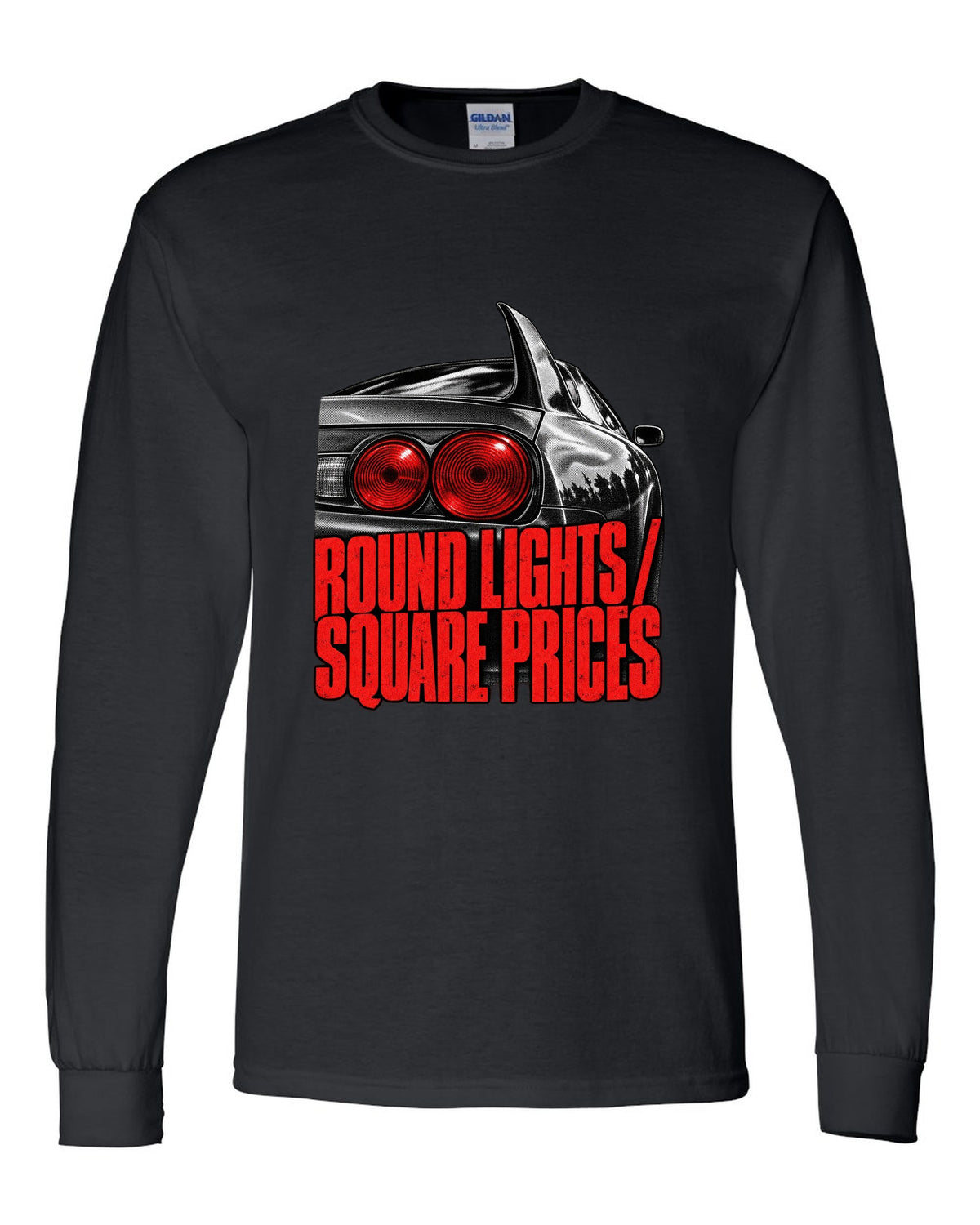 print of a Toyota Supra A80 JZA80 round taillight close-up with the text Round Lights Square Prices black long sleeve front view with the design