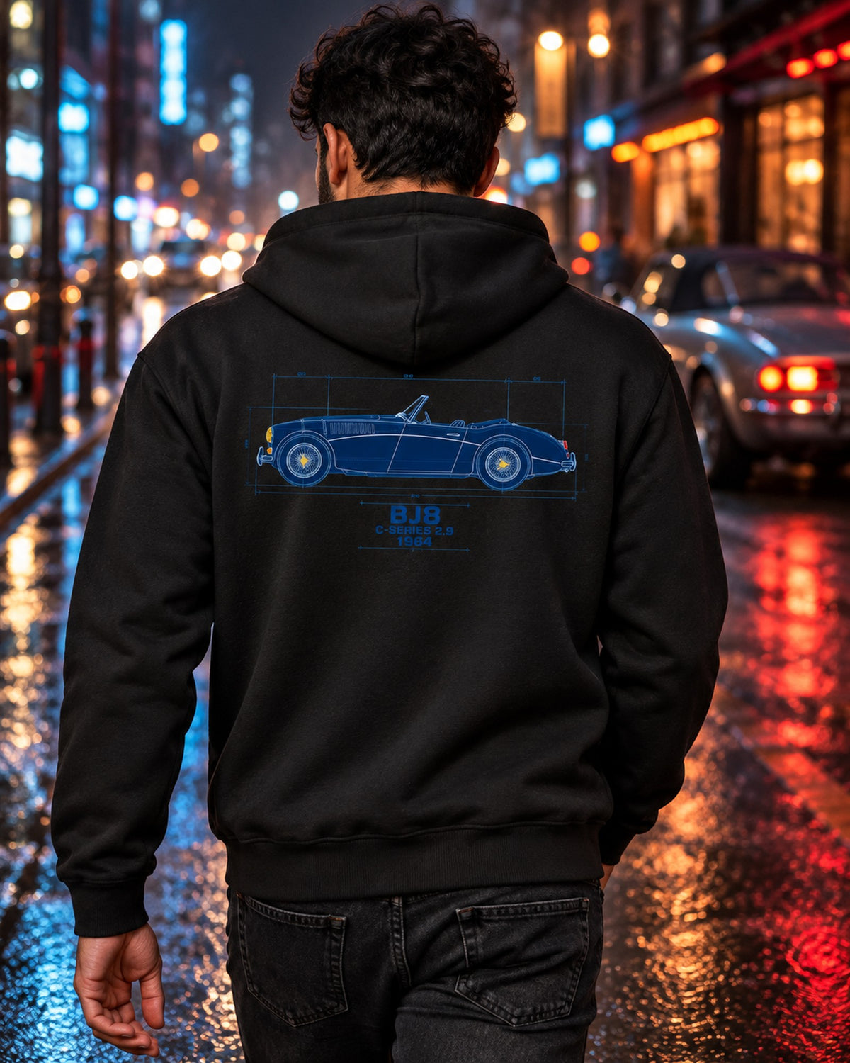 Austin-Healey 3000 Mk III BJ8 Blueprint Tee, Big Healey Zip Hoodie Black worn hero