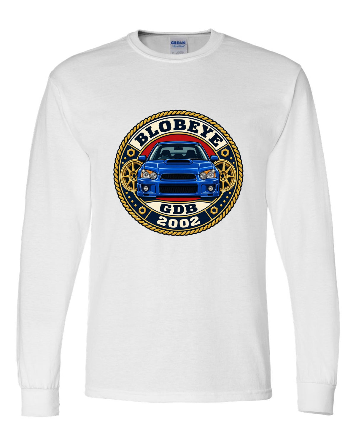 Subaru Impreza WRX GDB Blobeye round varsity crest print, BLOBEYE / GDB / 2002 white long sleeve front view with the design