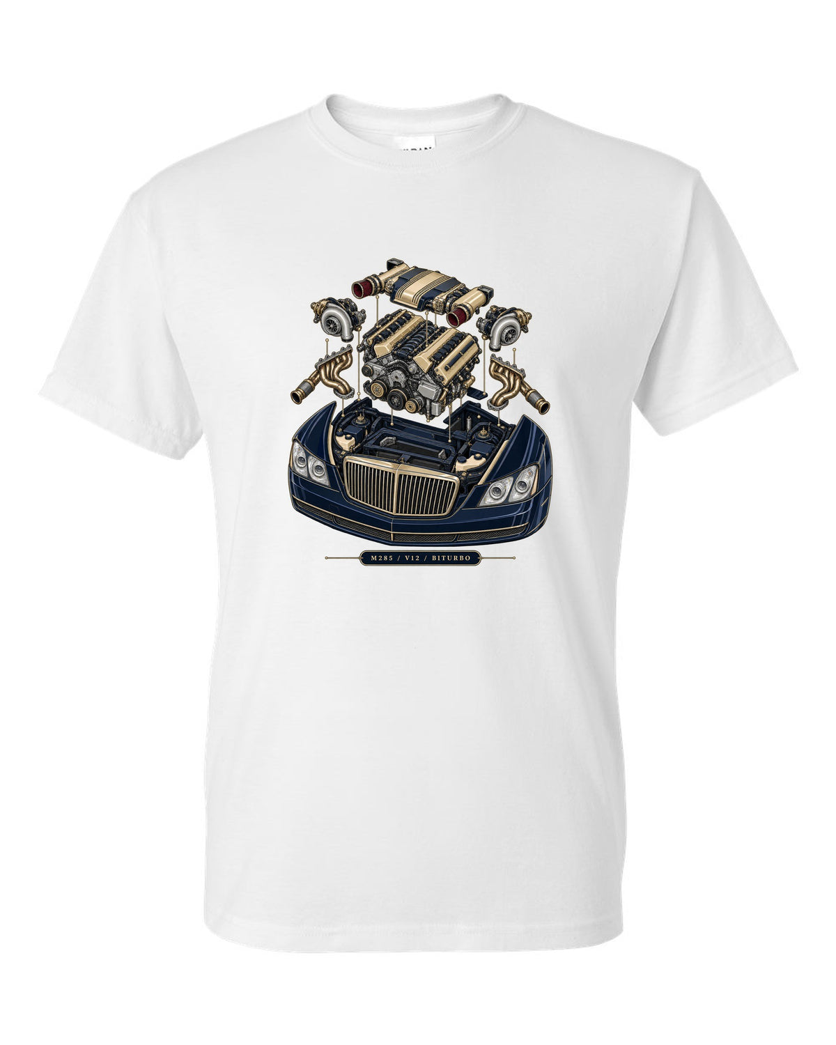 Pastel vaporwave rear view of the one-off Maybach Exelero on a shirt back white t-shirt front view with the design