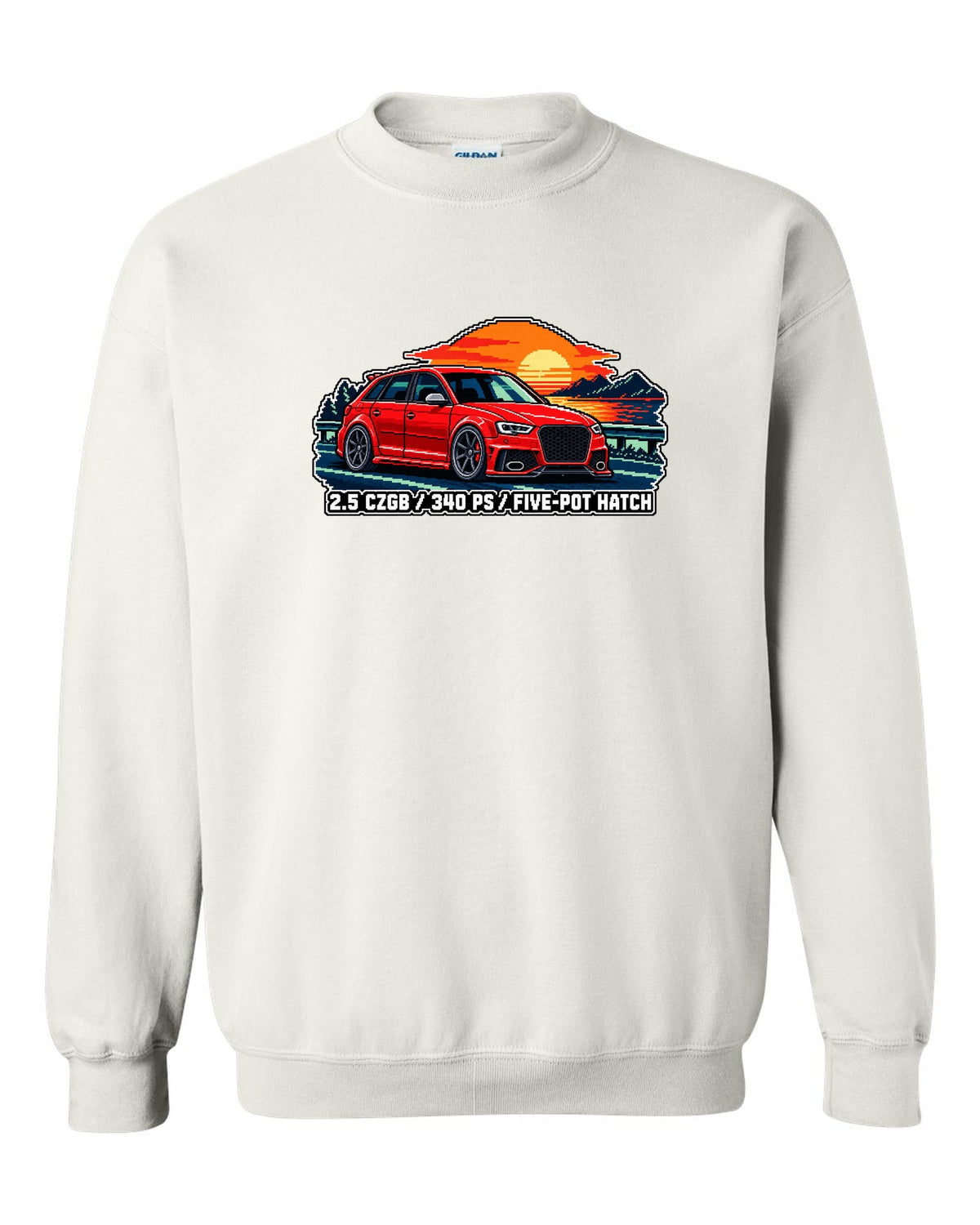 16-bit pixel art print of an Audi RS3 Sportback 8P with 2.5 CZGB text white crewneck front view with the design