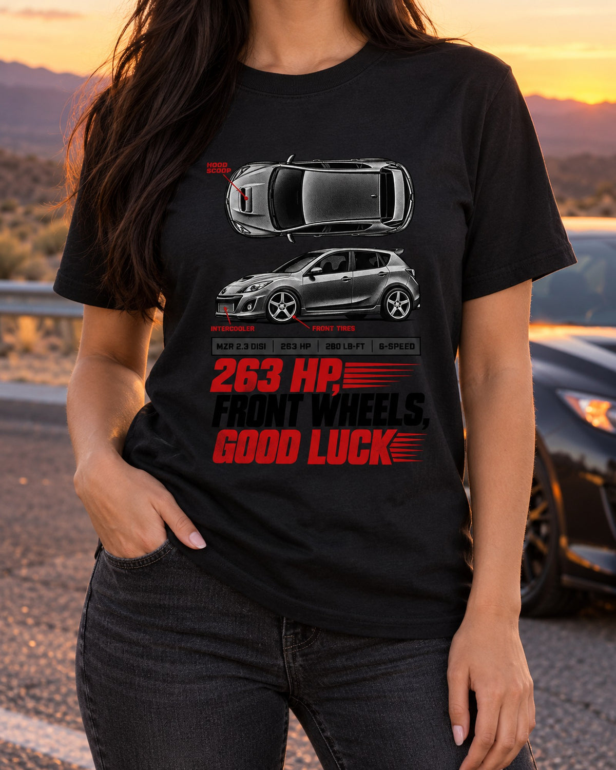 Mazdaspeed3 BK Spec Poster print Tee, 263 HP Front Drive T-Shirt Black worn hero