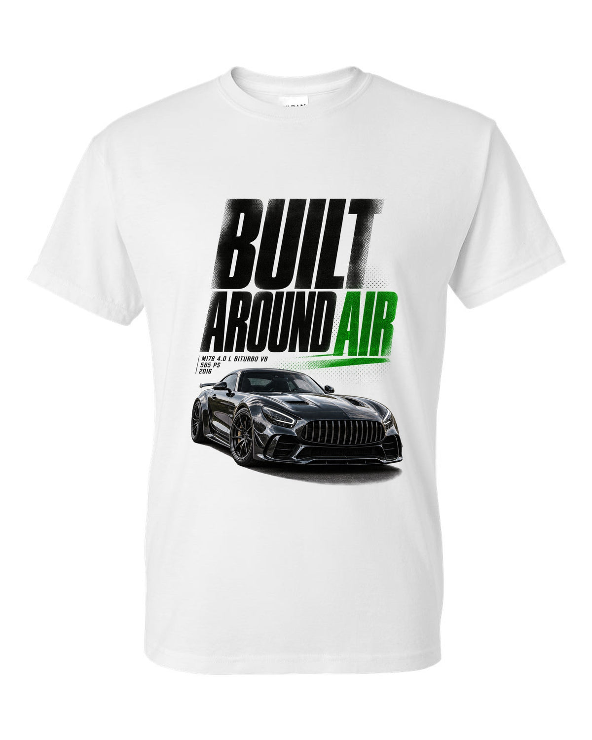 Halftone statement print of a Mercedes-AMG GT R C190 with Built Around Air lettering white t-shirt front view with the design