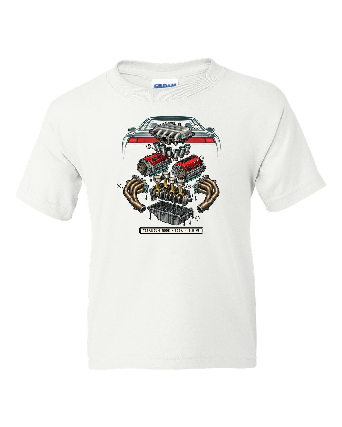Isometric engine schematic print for the Honda NSX NA1 C30A with titanium rods text white kids tee front view with the design
