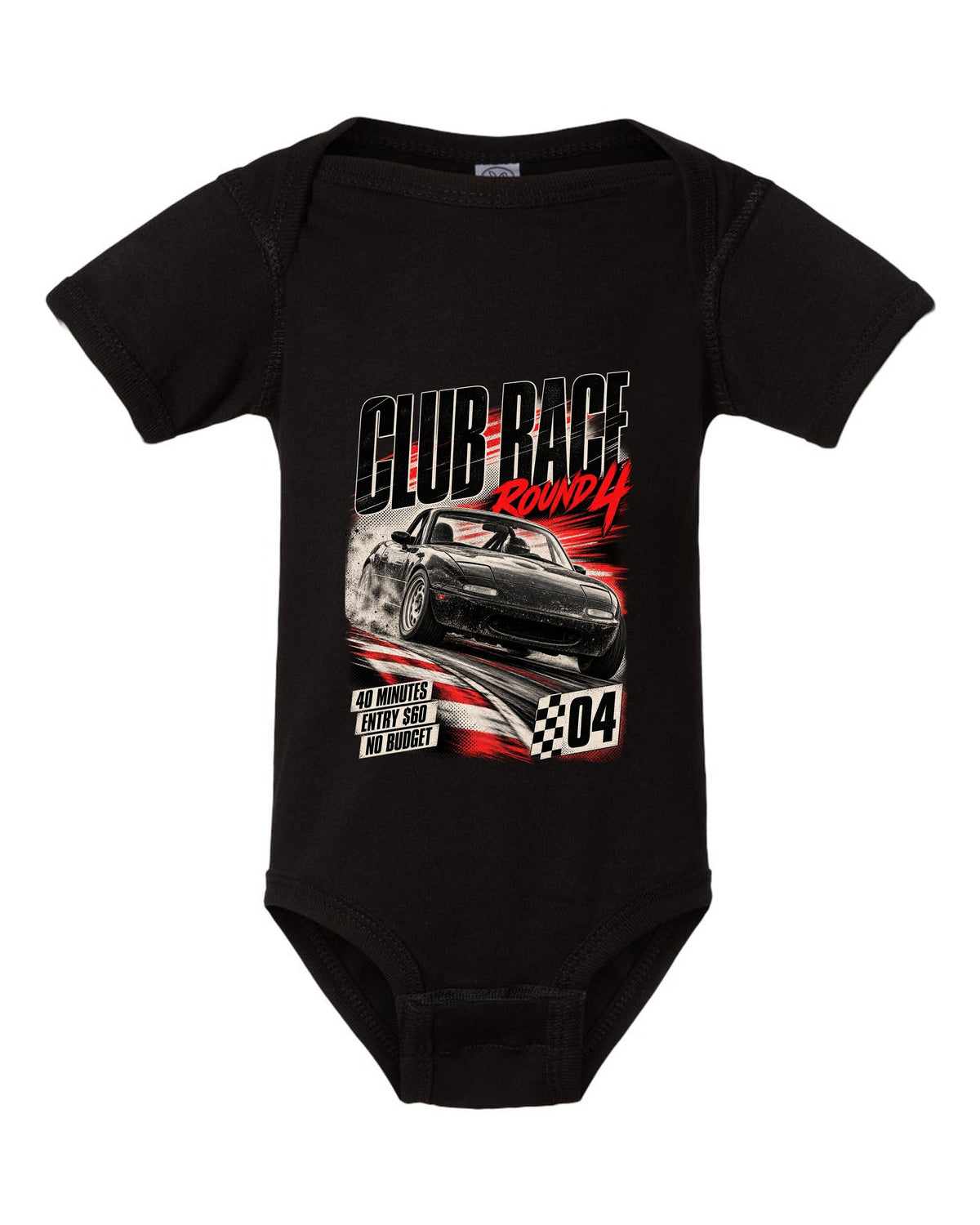 Race poster print for the Mazda MX-5 NA 1989-97 reading club race round 4, 40 minutes, entry $60 black baby onesie front view with the design