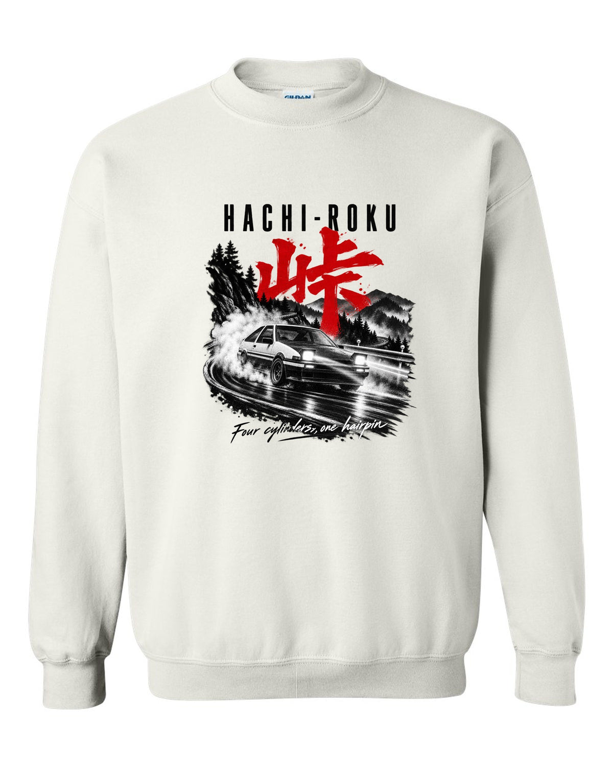 print of a Toyota AE86 Sprinter Trueno on a night touge with Hachi-Roku lettering and a hairpin bend white crewneck front view with the design