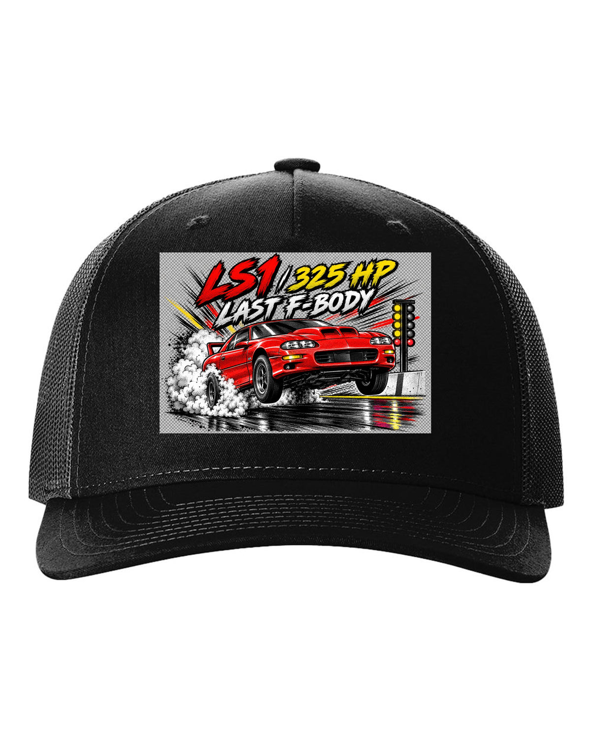 2002 Chevrolet Camaro SS LS1 retro manga halftone panel print black hat front view with the design