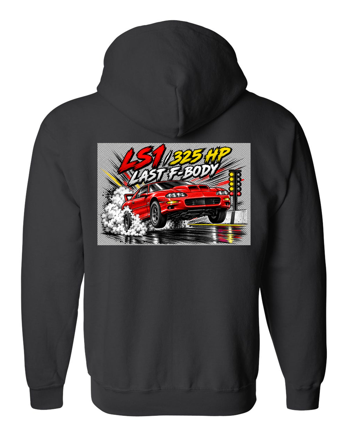 2002 Chevrolet Camaro SS LS1 retro manga halftone panel print black zip hoodie back view with the design