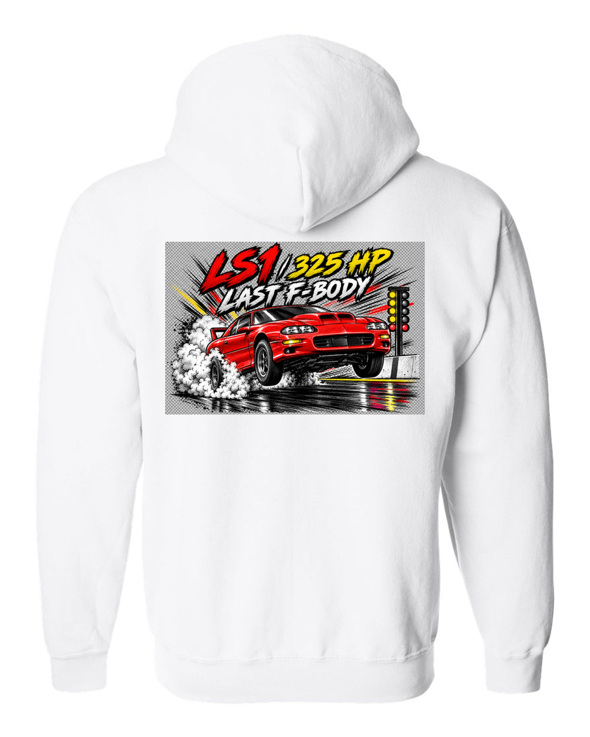 2002 Chevrolet Camaro SS LS1 retro manga halftone panel print white zip hoodie back view with the design