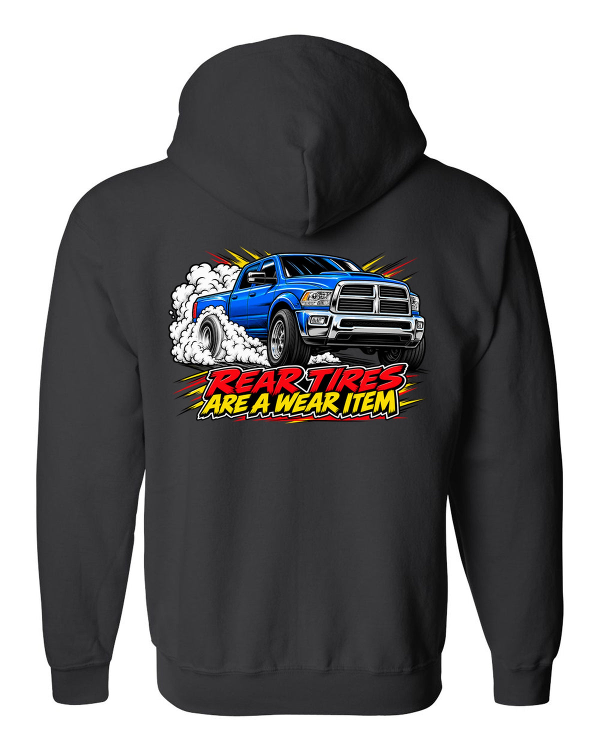 Comic ink burnout print of a 2003-2009 Dodge Ram 2500 5.9 Cummins HO black zip hoodie back view with the design