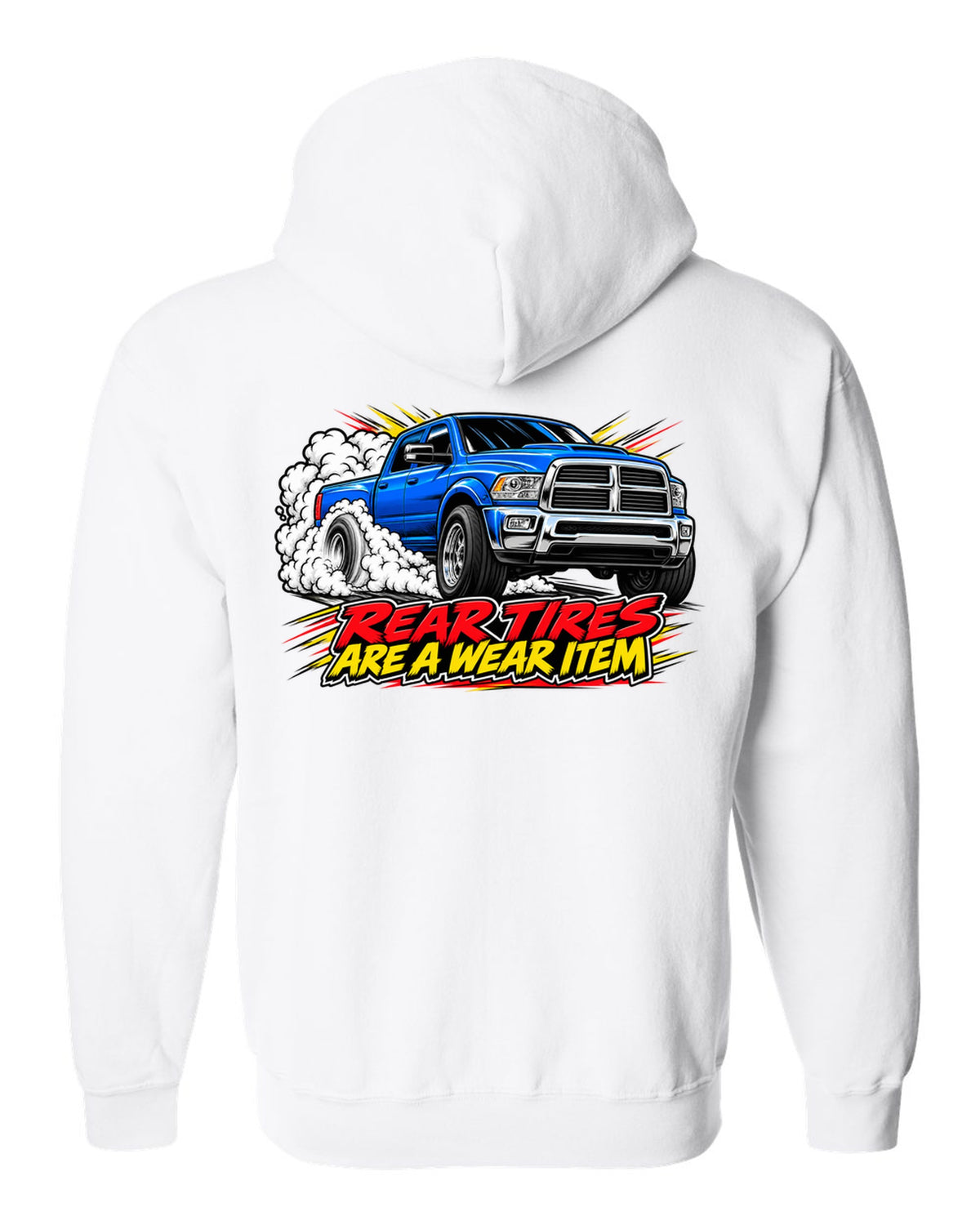 Comic ink burnout print of a 2003-2009 Dodge Ram 2500 5.9 Cummins HO white zip hoodie back view with the design