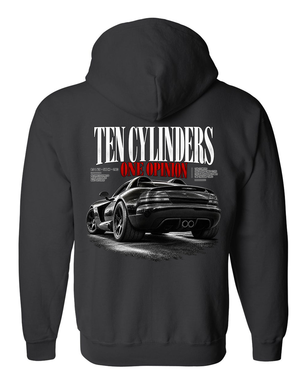 2003 Dodge Viper SRT-10 ZB I rear three-quarter editorial headline print black zip hoodie back view with the design