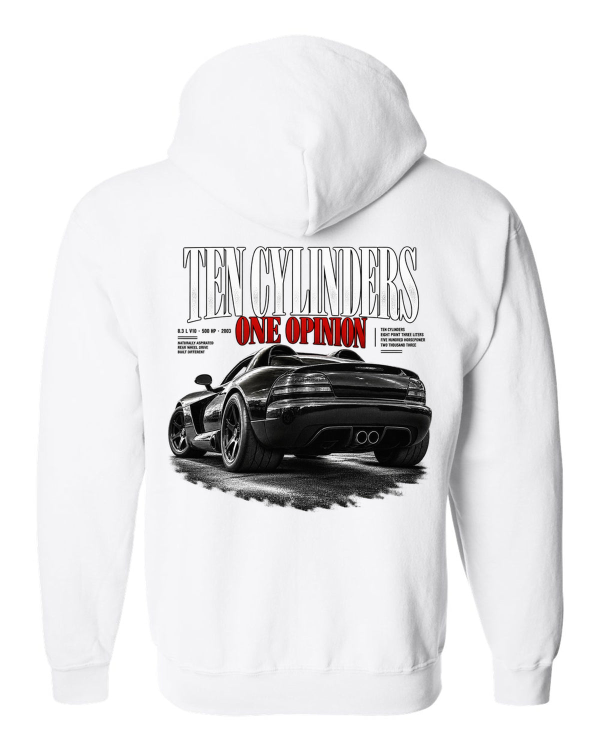 2003 Dodge Viper SRT-10 ZB I rear three-quarter editorial headline print white zip hoodie back view with the design