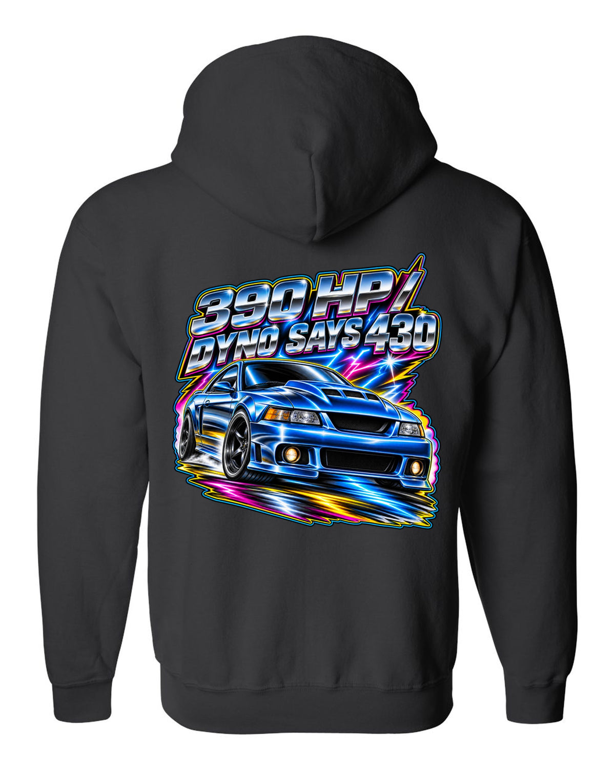 80s airbrush chrome 2003 supercharged Ford Mustang coupe with 390 HP text black zip hoodie back view with the design