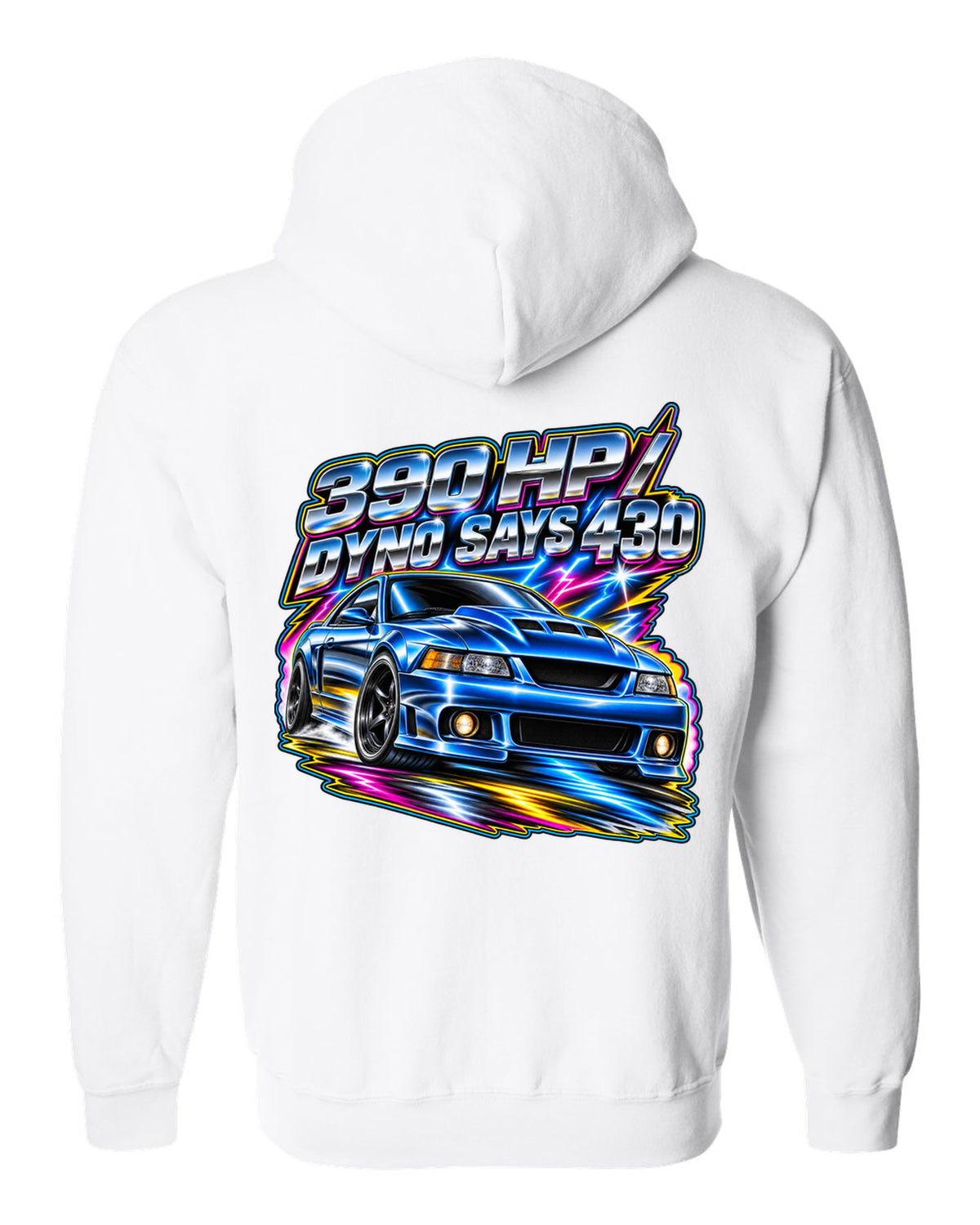 80s airbrush chrome 2003 supercharged Ford Mustang coupe with 390 HP text white zip hoodie back view with the design