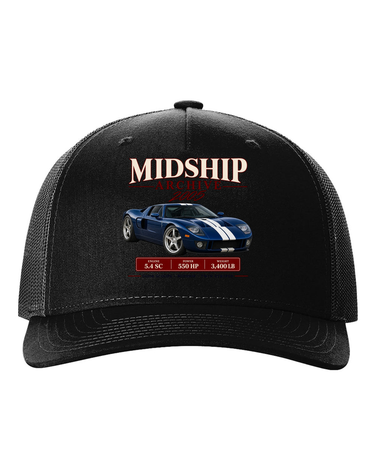 Ford GT 2005-06 midship archive panel print with door scoops, 5.4 SC and 550 HP black hat front view with the design