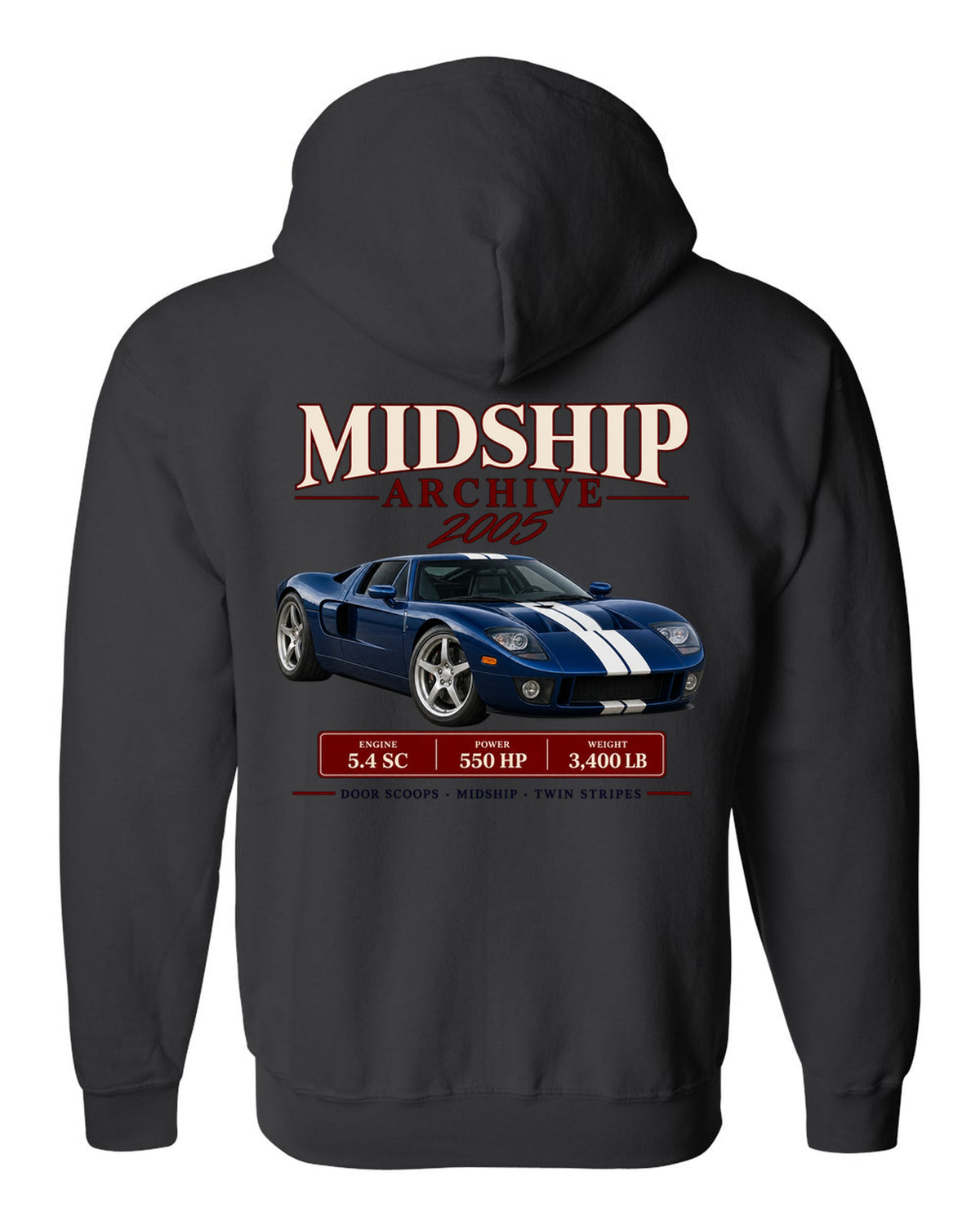 Ford GT 2005-06 midship archive panel print with door scoops, 5.4 SC and 550 HP black zip hoodie back view with the design