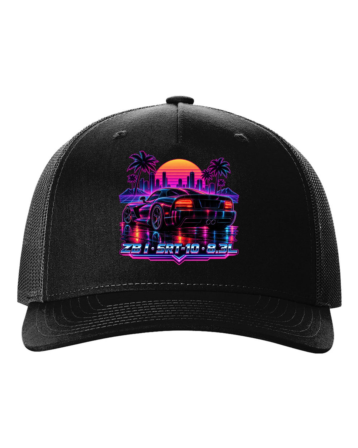 Synthwave neon rain street print of a 2005 Dodge Viper SRT-10 ZB I tail black hat front view with the design