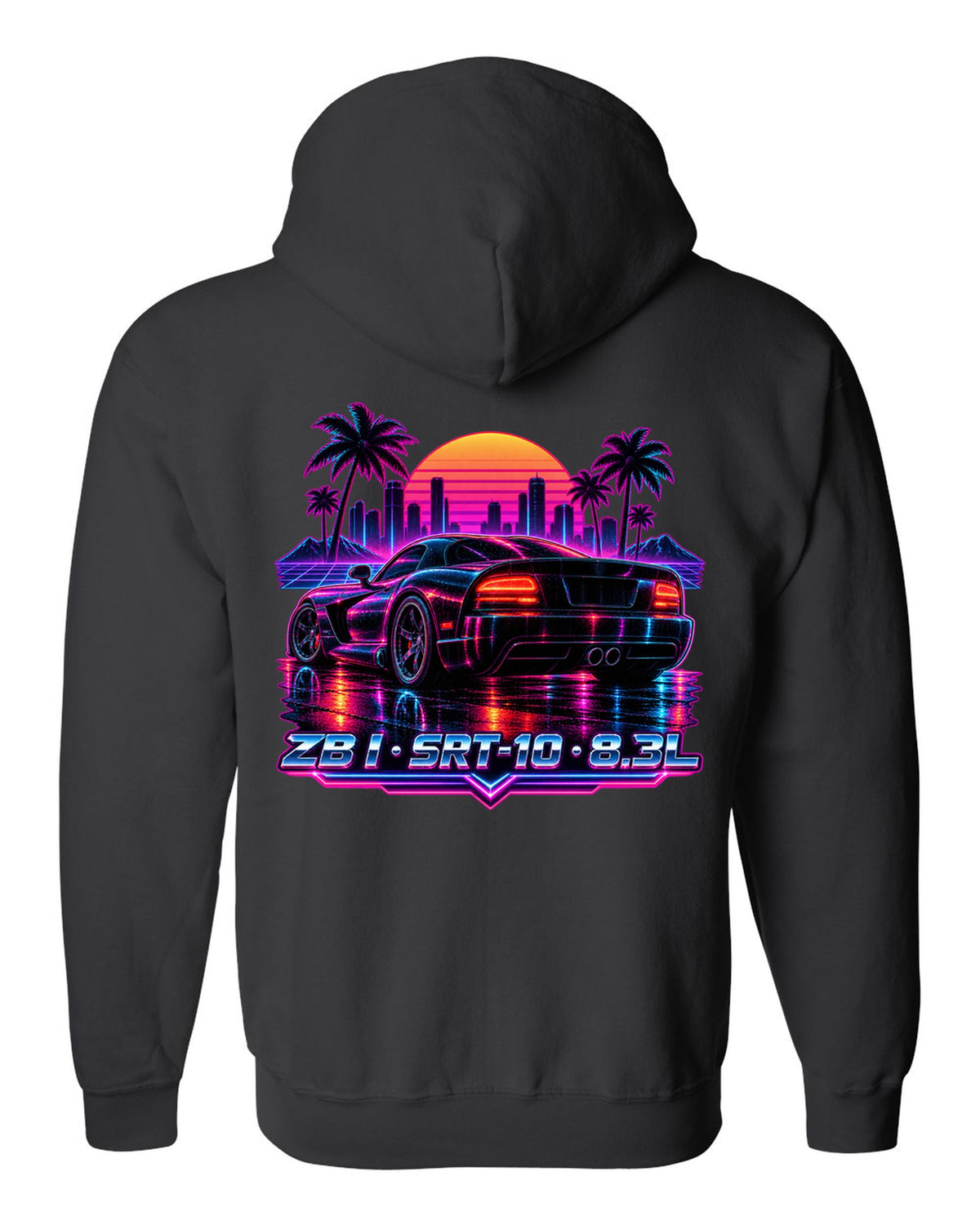 Synthwave neon rain street print of a 2005 Dodge Viper SRT-10 ZB I tail black zip hoodie back view with the design