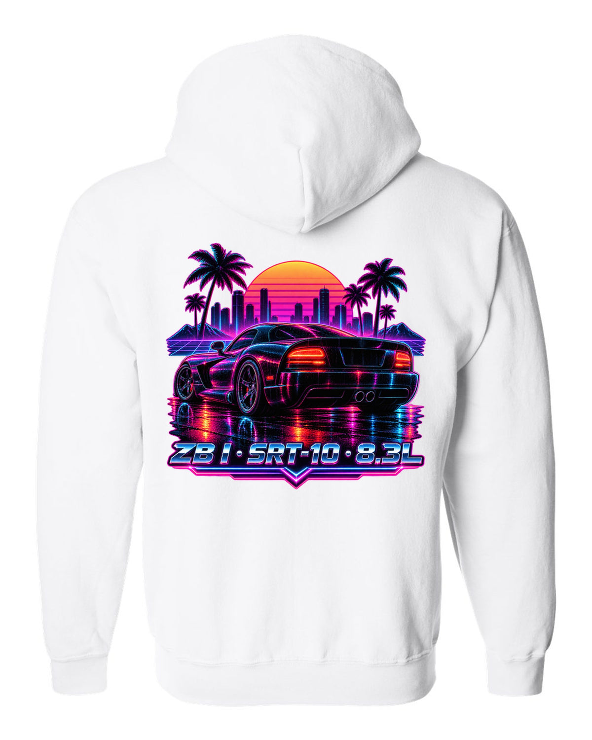 Synthwave neon rain street print of a 2005 Dodge Viper SRT-10 ZB I tail white zip hoodie back view with the design