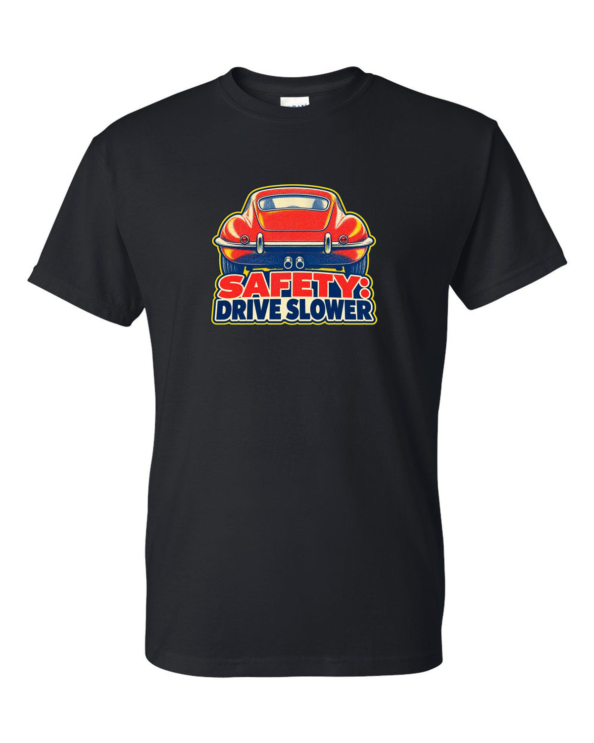Jaguar E-Type Series 1 risograph print with SAFETY DRIVE SLOWER lettering black t-shirt front view with the design