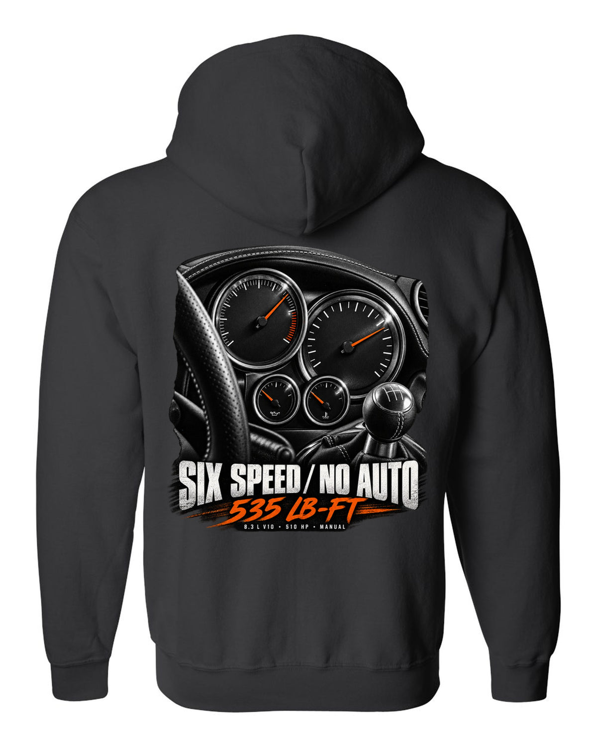 2006 Dodge Viper SRT-10 ZB I instrument gauge cluster print with six speed lettering black zip hoodie back view with the design