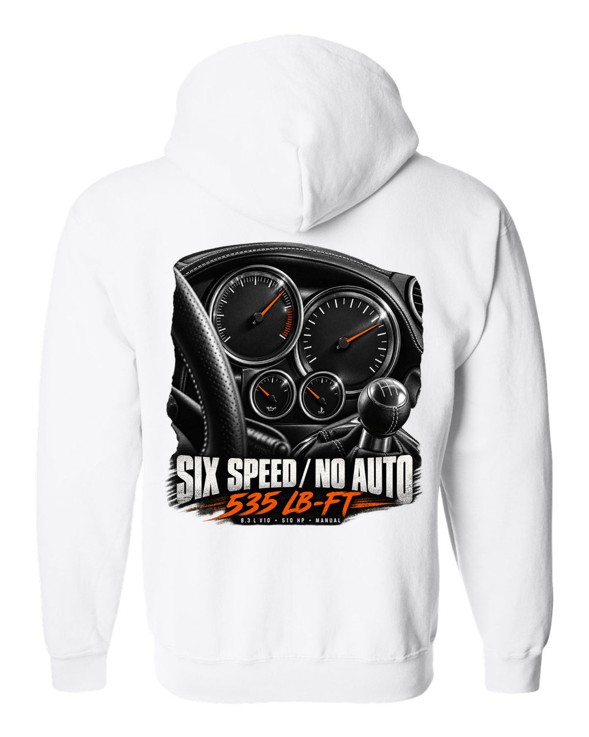 2006 Dodge Viper SRT-10 ZB I instrument gauge cluster print with six speed lettering white zip hoodie back view with the design