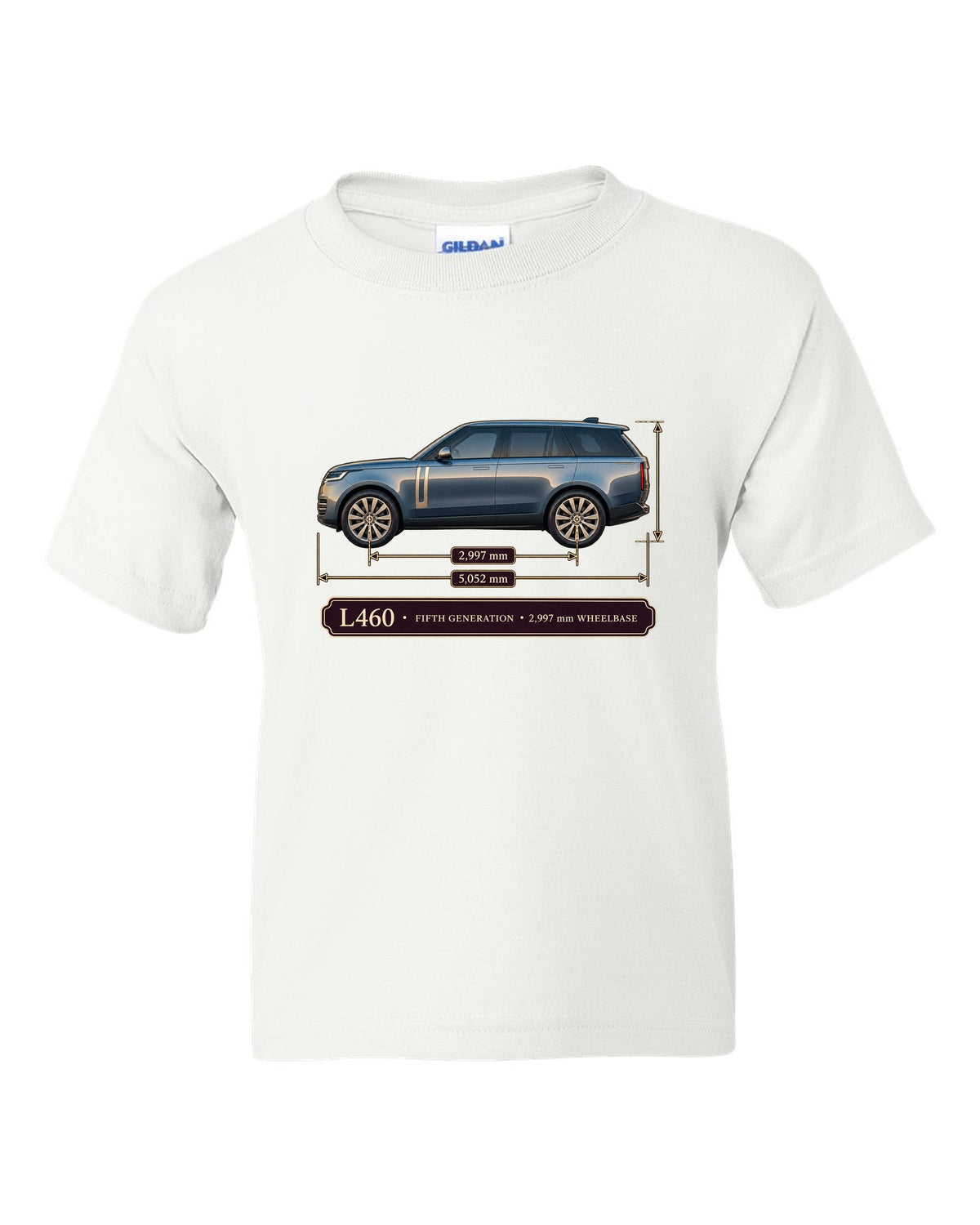 Dimension blueprint print of the Range Rover L460 fifth generation with wheelbase white kids tee front view with the design