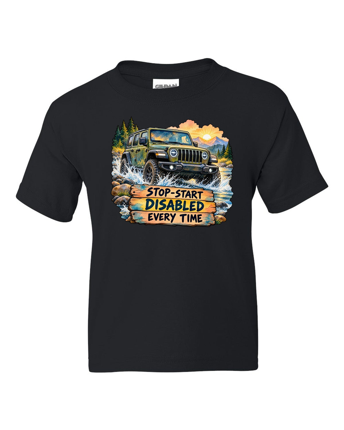 Watercolour night road print of a Jeep Wrangler JL with stop-start disabled text black kids tee front view with the design