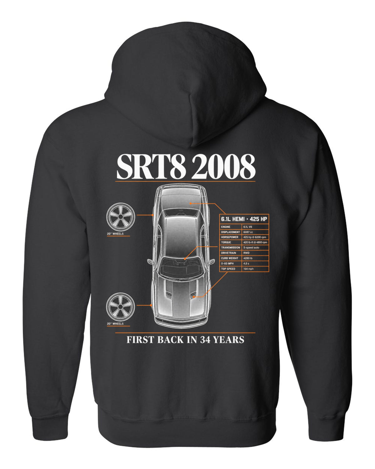Spec poster print of a 2008 Dodge Challenger SRT8 with 6.1L Hemi and 425 HP text black zip hoodie back view with the design