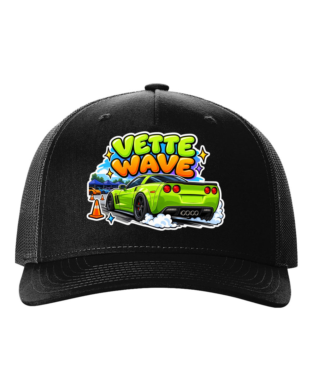 Cartoon sticker sheet print of a 2008 Chevrolet Corvette C6 Z06 with Vette Wave lettering black hat front view with the design