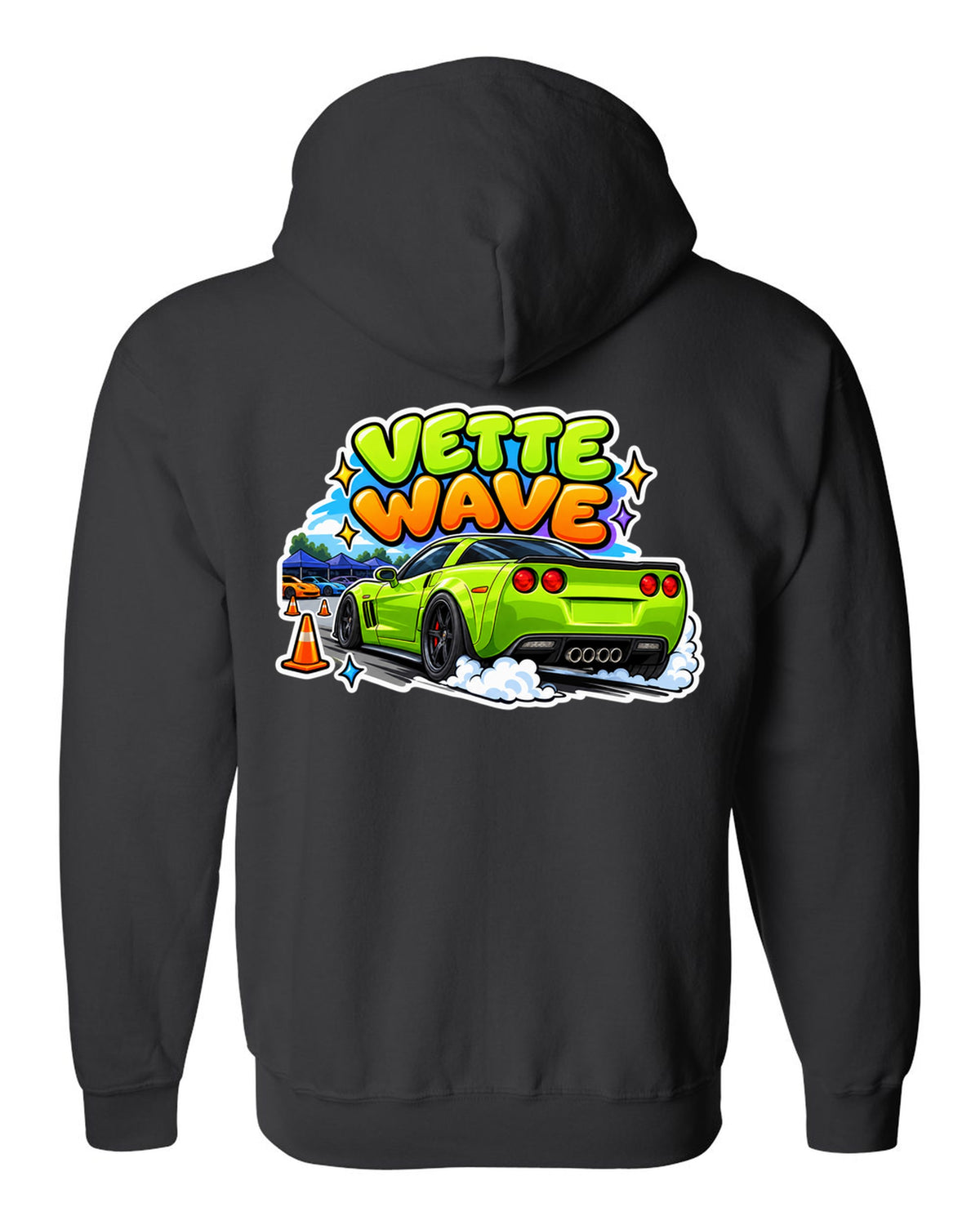 Cartoon sticker sheet print of a 2008 Chevrolet Corvette C6 Z06 with Vette Wave lettering black zip hoodie back view with the design
