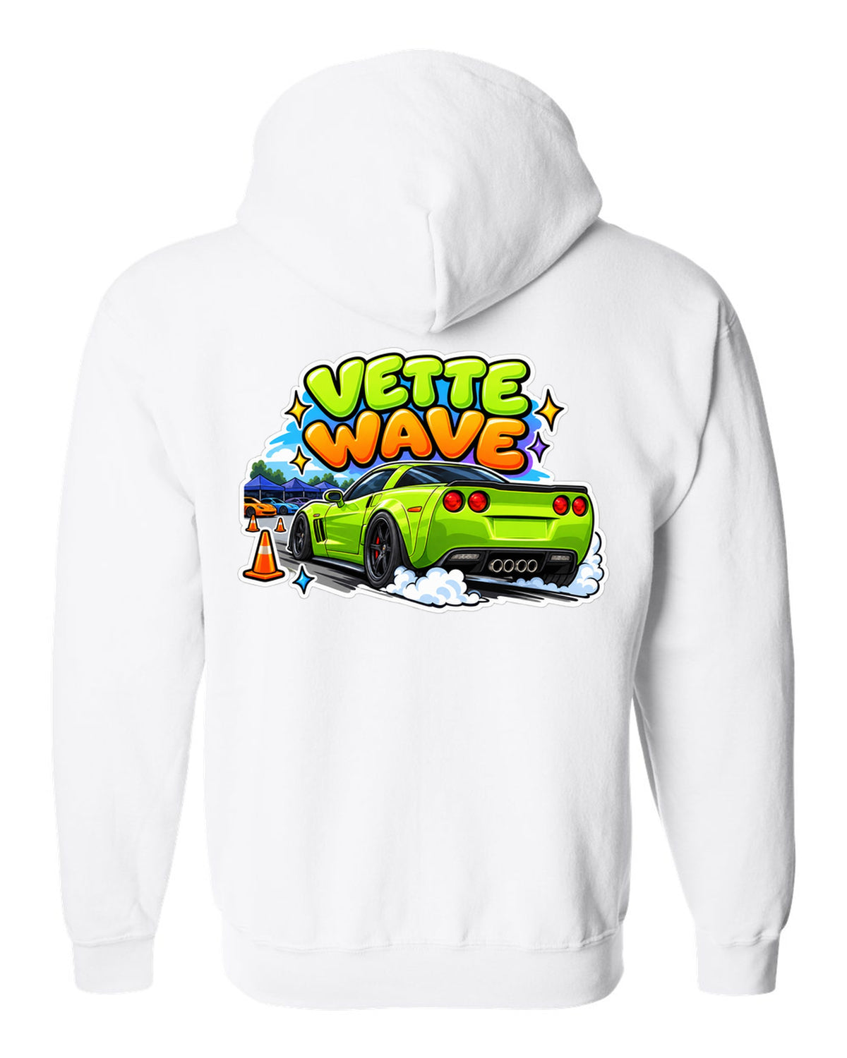 Cartoon sticker sheet print of a 2008 Chevrolet Corvette C6 Z06 with Vette Wave lettering white zip hoodie back view with the design