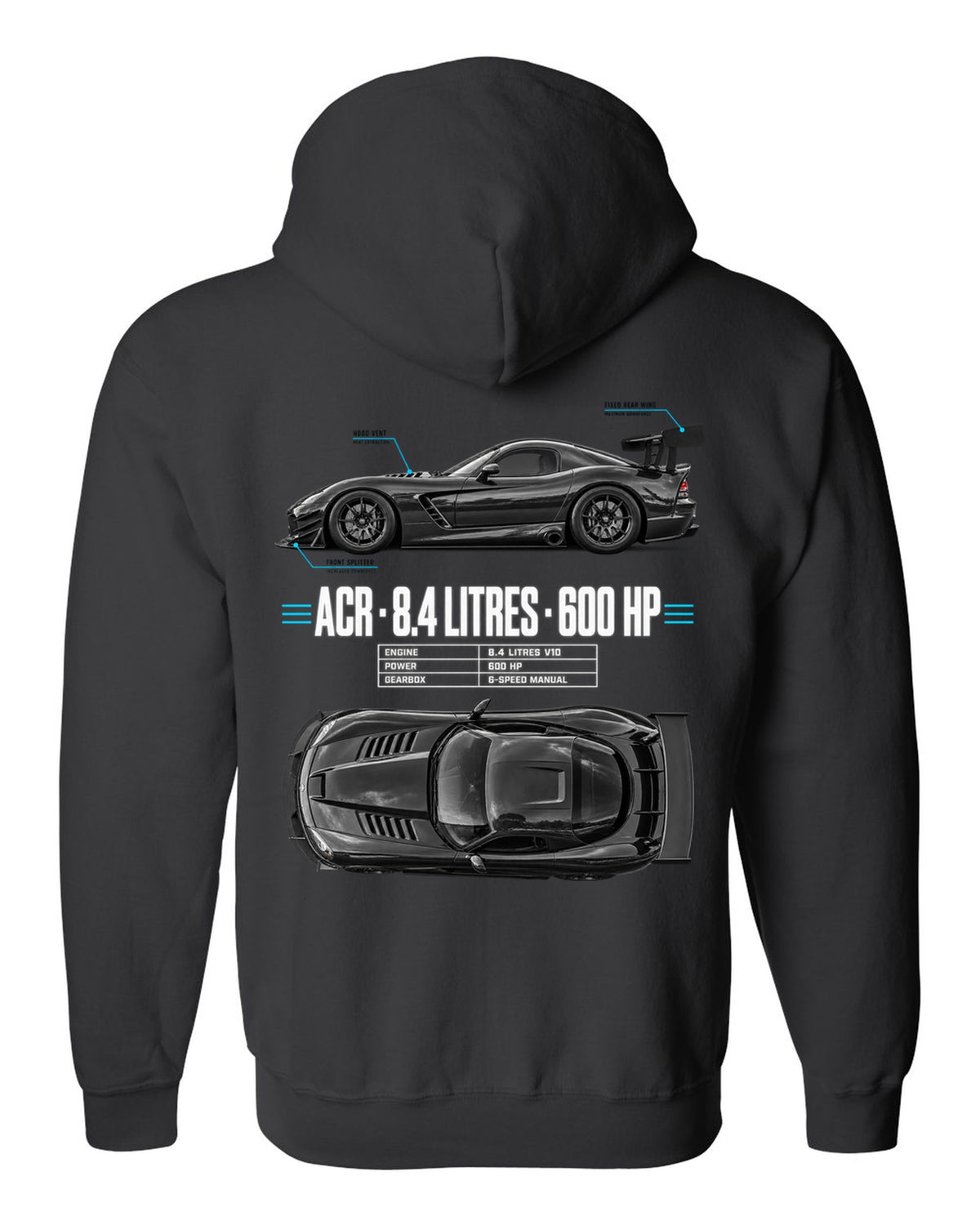 2008 Dodge Viper ACR ZB II top-down and profile spec poster print black zip hoodie back view with the design