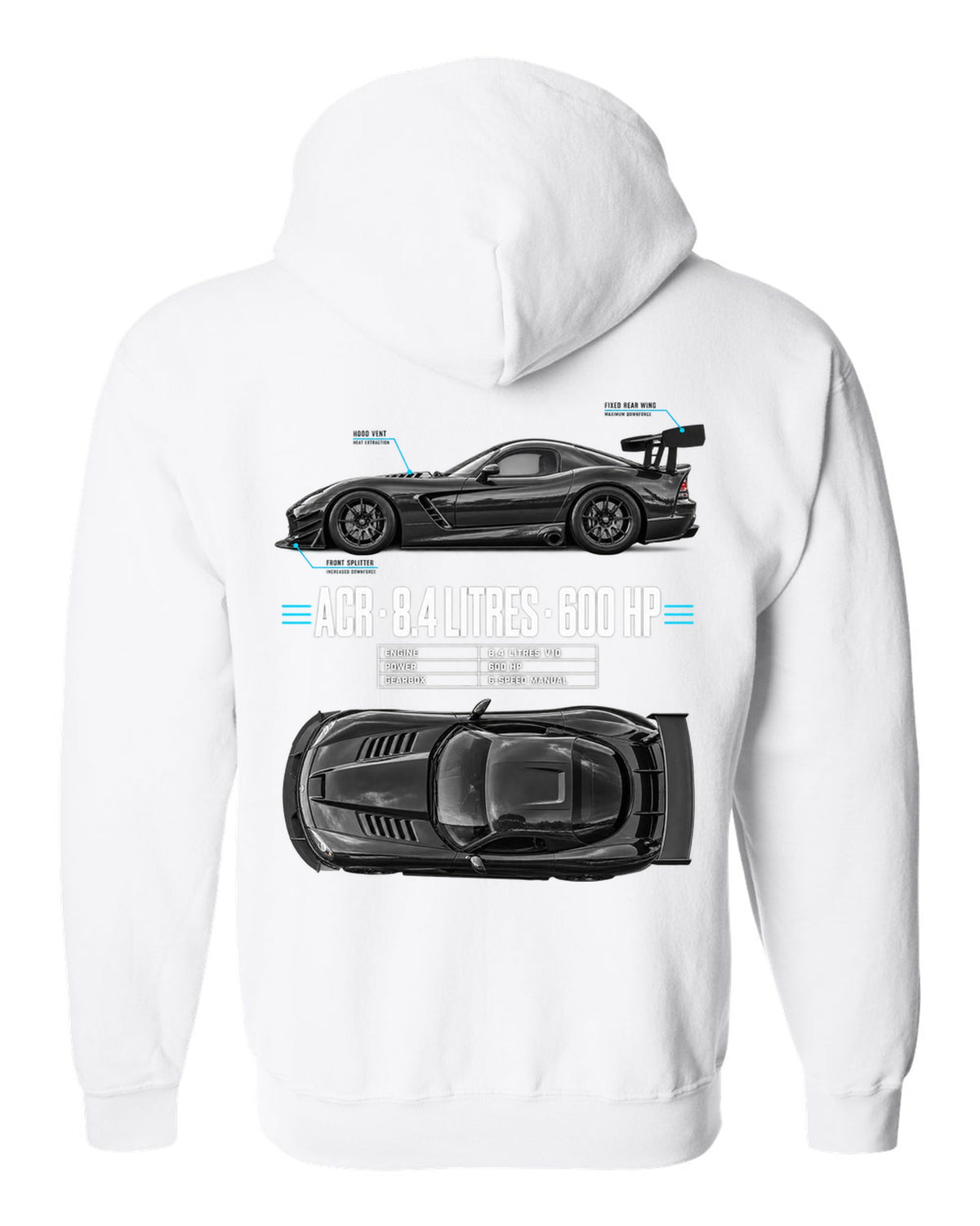 2008 Dodge Viper ACR ZB II top-down and profile spec poster print white zip hoodie back view with the design
