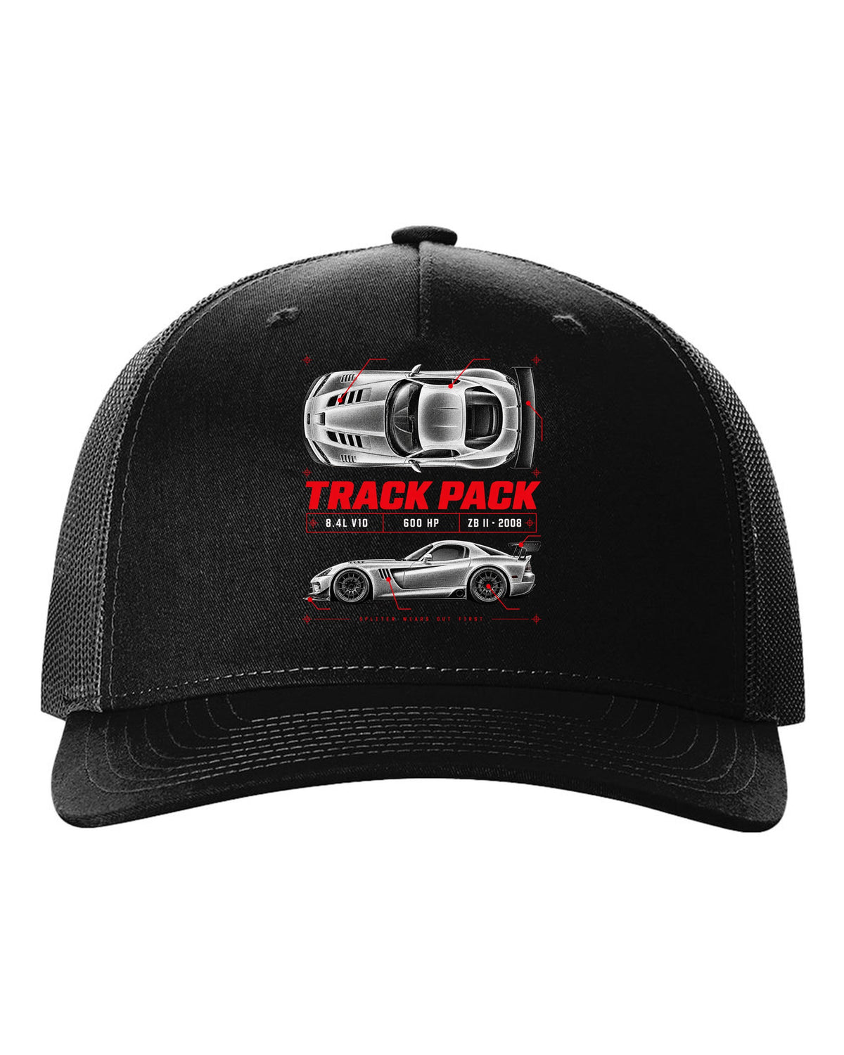 Spec poster print of a 2008 Dodge Viper ACR ZB II with Track Pack, 8.4L V10 and 600 HP text black hat front view with the design