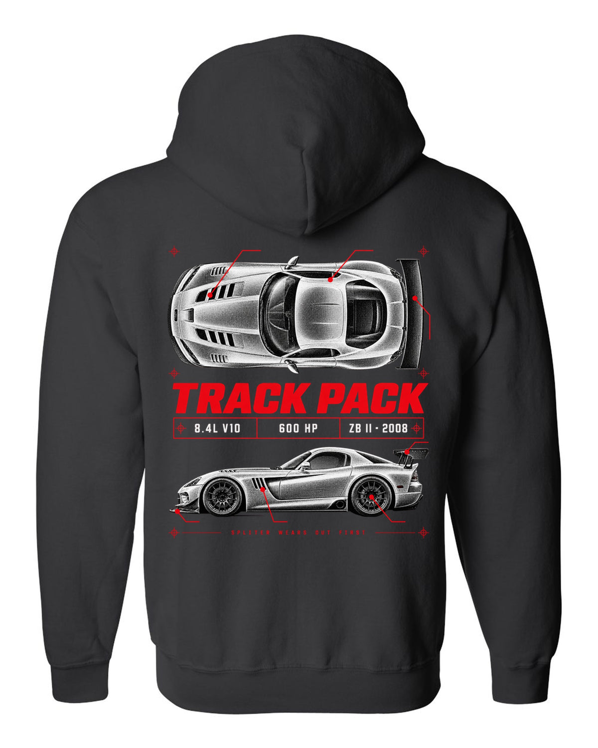 Spec poster print of a 2008 Dodge Viper ACR ZB II with Track Pack, 8.4L V10 and 600 HP text black zip hoodie back view with the design