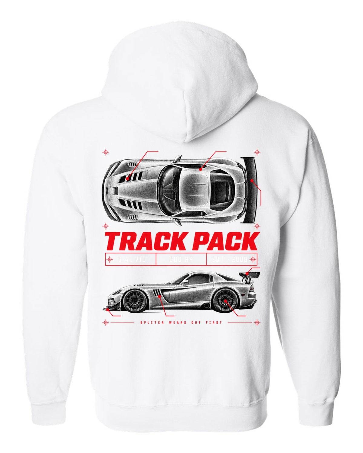 Spec poster print of a 2008 Dodge Viper ACR ZB II with Track Pack, 8.4L V10 and 600 HP text white zip hoodie back view with the design
