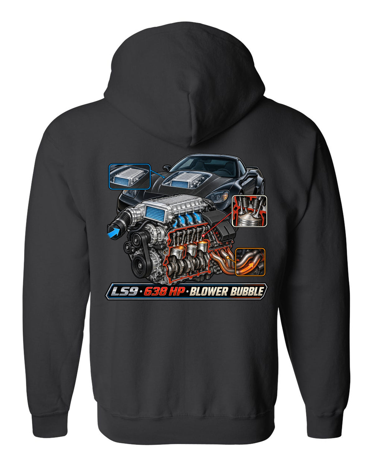 Cutaway engine print of the LS9 supercharger in a 2009 Chevrolet Corvette C6 ZR1 with 638 HP text black zip hoodie back view with the design
